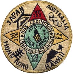 Air Task Group 1 (ATG-1) Western Pacific Cruise 1956
Established as Air Task Group ONE (ATG-1) in Oct 1951. Disestablished on 23 Feb 1959.

28 May-20 Dec 1956, USS Lexington (CV-16)

Squadrons: Fighter Squadron FIVE TWO (VF-52) (F2H-3), Fighter Squadron ONE ELEVEN (VF-111), Attack Squadron ONE FIFTY ONE (VA-151)(F7U-3), Attack Squadron ONE NINETY SIX (VA-196)(AD-6), All Weather Attack Squadron THIRTY FIVE Detachment H (VA(AW)-35 Det-H), Carrier Airborne Early Warning Squadron ELEVEN Detachment H (VAW-11 Det-H), Heavy Attack Squadron SIX Detachment H (VAH-6 Det-H)(AJ-2), Light Photographic Squadron SIXTY ONE Detachment H (VFP-61 Det-H)(F9F-8P), Helicopter Squadron ONE Detachment 1 (HU-1 Det-1), Air Test and Evaluation Squadron FOUR Detachment H (VX-4 Det-H) & Guided Missile Group ONE Detachment (GMGRU-1 Det) (FJ-4).

