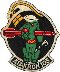 Attack Squadron 105 (VA-105) 
Established as Attack Squadron ONE HUNDRED FIVE (VA-105) "Mad Dogs" on 1 May 1952. Disestablished on 1 Feb 1959. The first squadron to be assigned the designation VA-105.

Insignia approved on 2 Mar 1953. “Mad Dog” insignia disapproved on 7 Oct 1952 but used by the squadron through 1958.

Douglas AD-1/4/ 4NA/ 6 Skyraider
