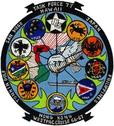 Carrier Air Wing 11 (CVW-11) Task Force 77 WESTERN PACIFIC-VIETNAM Cruise 1966-1967
Established as Carrier Air Group ELEVEN (CVG-11) on 10 Oct 1942. Redesignated Carrier Air Wing ELEVEN (CARAIRWING ELEVEN)(CVW-11) on 20 Dec 1963-.

5 Nov 1966-19 Jun 1967 USS Kitty Hawk (CVA-63)

Squadrons. Fighter Squadron ONE HUNDRED FOURTEEN (VF-114) (F-4B), Fighter Squadron TWO HUNDRED THIRTEEN (VF-213) (F4-B), Attack Squadron EIGHTY FIVE (VA-85), (A-6A) Attack Squadron ONE HUNDRED TWELVE (VA-112)(A-4C),  Attack Squadron ONE HUNDRED FORTY FOUR Det-C (VA-144)(A-4C), Heavy Attack Squadron FOUR (VAH-4)(A-3B), Reconnaissance Heavy Attack Squadron THIRTEEN (RVAH-13)(RA-5C), Carrier Airborne Early Warning Squadron ELEVEN (VAW-11 DET C) (E-2A) & Helicopter Combat Support  Squadron ONE (HC-1 Det. C) (UH-2A/B)

