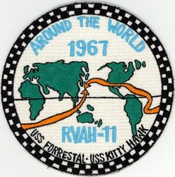 Heavy Attack Squadron 11 (VAH-11) Western Pacific, Vietnam Cruise 1967-1968
Established as Composite Squadron Eight (VC-8) "Checkertails" on 3 Dec 1951. Redesignated Heavy Attack Squadron Eleven (VAH-11) on 1 Nov 1955; Reconnaissance Attack Squadron Eleven (RVAH-11) in Jul 1966. Disestablished on 1 Jun 1975.

6 Jun 1967-15 Sep 1967, USS Forrestal (CVA-59), CVW-17, North American RA-5C Vigilante	 
18 Nov 1967-28 Jun 1968, USS Kitty Hawk (CVA-63), CVW-11, North American RA-5C Vigilante

