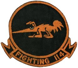 Fighter Squadron (VF-114) 114 Morale
FIGHTER SQUADRON ONE VF-114. 
Established as Bombing-Fighting Squadron NINETEEN (VBF-19) on 21 Jan 1945. Redesignated Fighter Squadron TWO ZERO A (VF-20A) on 15 Nov 1946; Fighter Squadron ONE HUNDRED NINTY TWO (VF-192) on 24 Aug 1948; Fighter Squadron ONE HUNDRED FOURTEEN (VF-114) "Aardvarks" on 15 Feb 1950. Disestablished on 30 Apr 1993. 

Vought F4U-4/4B Corsair, 1945-1946, 1950-1953
Grumman F8F-1 Bearcat, 1947-1950
Grumman F9F-5 Panther, 1953-1956
McDonnell F2H-3 Banshee, 1956-1957
McDonnell F3H-2N Demon, 1957-1961
McDonnell Douglas F-4B/J Phantom II, 1961-1975
Grumman F-14A Tomcat, 1975-1993

Insignia. Executioneers, 1950-1962; Bellerophon and Pegasus approved on 20 Jun 1962.

Deployments:
5 Jul 1950-26 Mar 1951	USS Philippine Sea (CV-47) CVG-11, F4U-4B, WestPac/Korea	
28 Mar 1951-7 Apr 1951 USS Valley Forge (CV-45) CVG-11, F4U-4B, WestPac/Korea	
31 Dec 1951-8 Aug 1952 USS Philippine Sea (CV-47) CVG-11, F4U-4B, WestPac/Korea		
1 Jul 1953-18 Jan 1954 USS Kearsage (CVA-33) CVG-11, F9F-5, WestPac	
7 Oct 1954-12 May 1955 USS Kearsage (CVA-33) CVG-11, F9F-5,	WestPac
16 Jul 1956-26 Jan 1957	USS Essex (CVA-9) CVG-11, F2H-3, WestPac	
8 Mar 1958-21 Nov 1958 USS Shangri La	(CVA-38) CVG-11, F3H-2N, WestPac	
9 Mar 1959-3 Oct 1959 USS Shangri La (CVA-38) CVG-11, F3H-2N, WestPac	
16 Jul 1960-18 Mar 1961 USS Hancock (CVA-19) 	CVG-11, F3H-2N, WestPac	
13 Sep 1962-2 Apr 1963	USS Kitty Hawk	(CVA-63) CVG-11, F4H-1, WestPac	
17 Oct 1963-20 Jul 1964	USS Kitty Hawk	(CVA-63) CVW-11, F-4B, WestPac/ Vietnam
19 Oct 1965-13 Jun 1966 USS Kitty Hawk (CVA-63) CVW-11, F-4B, WestPac/ Vietnam
5 Nov 1966-19 Jun 1967	USS Kitty Hawk (CVA-63) CVW-11, F-4B, WestPac/ Vietnam
18 Nov 1967-28 Jun 1968 USS Kitty Hawk (CVA-63) CVW-11, F-4B, WestPac/ Vietnam
30 Dec 1968-4 Sep 1969	USS Kitty Hawk (CVA-63) CVW-11, F-4B,	WestPac/ Vietnam
6 Nov 1970-17 Jul 1971 USS Kitty Hawk (CVA-63) CVW-11, F-4J, WestPac/ Vietnam
17 Feb 1972-28 Nov 1972 USS Kitty Hawk (CVA-63) CVW-11, F-4J, WestPac/ Vietnam
23 Nov 1973-9 Jul 1974 USS Kitty Hawk (CVA-63) CVW-11, F-4J, WestPac/ Indian Ocean
21 May 1975-15 Dec 1975 USS Kitty Hawk (CVA-63) CVW-11, F-4J, WestPac	
25 Oct 1977-15 May 1978 USS Kitty Hawk (CV-63) CVW-11, F-14A, WestPac	
13 Mar 1979-22 Sep 1979 USS America (CV-66) CVW-11, F-14A, Mediterranean 
14 Apr 1981-12 Nov 1981 USS America (CV-66) CVW-11, F-14A,	Mediterranean/Indian Ocean
1 Sep 1982-28 Apr 1983	USS Enterprise (CVN-65) CVW-11, F-14A	, NorPac/WestPac
30 May 1984-20 Dec 1984 USS Enterprise (CVN-65) CVW-11, F-14A, NorPac/WestPac/Indian Ocean
15 Jan 1986-12 Aug 1986 USS Enterprise (CVN-65) CVW-11, F-14A, Around-the-World	
25 Oct 1987-24 Nov 1987 USS Enterprise (CVN-65) CVW-11, F-14A, NorPac	
5 Jan 1988-3 Jul 1988 USS Enterprise (CVN-65) CVW-11, F-14A, NorPac/WestPac/Indian Ocean
17 Sep 1989-16 Mar 1990 USS Enterprise (CVN-65) CVW-11, F-14A, Around-the-World	
24 Sep 1990-20 Nov 1990 USS Abraham Lincoln (CVN-72) CVW-11, F-14A, Norfolk to Alameda
28 May 1991-25 Nov 1991 USS Abraham Lincoln	(CVN-72) CVW-11, F-14A, WestPac/Indian Ocean/Arabian Gulf

