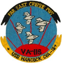 Attack Squadron 116 (VA-116) FAR EAST CRUISE 1957
Established as Attack Squadron ONE HUNDRED SIXTEEN (VA-116) “Roadrunners” on 1 Dec 1955. Redesignated Attack Squadron ONE HUNDRED FORTY FOUR (VA-144) (1ST) on 23 Feb 1959. Disestablished on 29 Jan 1971. 

Insignia approved on 23 Feb 1956.

Vought F7U-3M Cutlass, 1955-1957
North American FJ-4B Fury, 1957-1962 
Douglas A-4C/E/F Skyhawk, 1962 -1971

