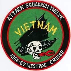 Attack Squadron 12 (VA-12) WESTPAC CRUISE 1966-1967
Established as Bomber-Fighter Squadron FOUR (VBF-4) on 12 May 1945. Redesignated Fighter Squadron TWO A (VF-2A) on 15 Nov 1946. Redesignated Fighter Squadron TWELVE (VF-12) on 2 Aug 1948. Redesignated Attack Squadron TWELVE (VA-12) on 1 Aug 1955, the first squadron to be assigned the VA-12 designation. Disestablished on 1 Oct 1986.
