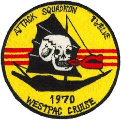 Attack Squadron 12 (VA-12) WESTPAC CRUISE 1970
Established as Bomber-Fighter Squadron FOUR (VBF-4) on 12 May 1945. Redesignated Fighter Squadron TWO A (VF-2A) on 15 Nov 1946. Redesignated Fighter Squadron TWELVE (VF-12) on 2 Aug 1948. Redesignated Attack Squadron TWELVE (VA-12) on 1 Aug 1955, the first squadron to be assigned the VA-12 designation. Disestablished on 1 Oct 1986.
