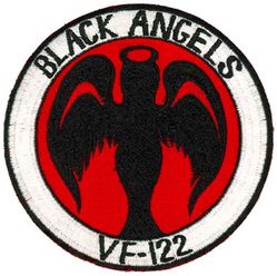 Fighter Squadron 122 (VF-122)
Established as Fighter Squadron SEVEN HUNDRED EIGHTY THREE (VF-783) on 20 Jul 1950. Redesignated  Fighter Squadron ONE HUNDRED THENTY TWO (VF-122) "Black Angels" on 4 Feb 1953. Deactivated on 1 May 1958.

Insignia approved by CNO on 16 Feb 1954. Japanese made.

3 Mar 1954-11 Oct 1954, CVA-21 USS Boxer, CVG-12, Grumman F9F-6 Cougar
5 Jan 1956-23 Jun 1956, CVA-38 USS Shangri La, ATG-3, Grumman F9F-8 Cougar
16 Sep 1957-25 Apr 1958, CVA-14 USS Ticonderoga, CVG-9, McDonnell F3H-2N Demon

