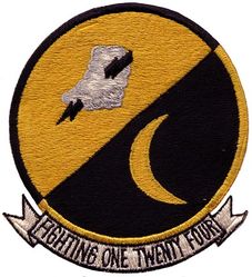 Fighter Squadron 124 (VF-124)
Established as Fighter Squadron EIGHT SEVENTY FOUR (VF-874) in 1948. Redesignated Fighter Squadron ONE TWENTY FOUR (VF-124) (1st) "Moonshiners" on 4 Feb 1953. Disestablished on 10 Apr 1958.

Vought F4U-4 Corsair, 1950-1954
Grumman F9F-2 Panther, 1953-1955
Vought F7U-3M Cutlass, 1955-1956
McDonnell F3H-2N Demon, 1956-1958

2nd insignia used when squadron converted to F3H Demon and became the “Moonshiners” in 1956.

10 May 1951-17 Dec 1951, USS Bon Homme Richard (CV-31), CVG-12, F4U-4, WestPac/Korea
15 Oct 1952-18 May 1953, USS Oriskany	 (CV-34 ), CVG-12, F4U-4, WestPac/Korea
3 Mar 1954-11 Oct 1954, USS Boxer (CVA-21), CVG-12, F9F-2, WestPac
10 Aug 1955-15 Mar 1956, USS Hancock	(CVA-19 ), CVG-12, F7U-3M, WestPac
19 Apr 1957-17 Oct 1957, USS Lexington (CVA-16), CVG-12, F3H-2N, WestPac



