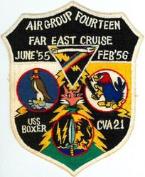 Carrier Air Group 14 (CVG-14) Western Pacific Cruise 1955-1956
Established as Carrier Air Group Fourteen (CVG-14) in Jul 1950. Redesignated Carrier Air Wing Fourteen (CVW-14) on 20 Dec 1963-. 

Squadrons: Fighter Squadron ONE FORTY TWO (VF-142), Fighter Squadron ONE FORTY FOUR (VF-144) (F9F-5), Attack Squadron ONE FORTY FIVE (VA-145)(AD-4), Composite Squadron ELEVEN Detachment F (VC-11 Det. F) (AD-5W), Composite Squadron THIRTY FIVE Detachment 36 (VC-35 Det. 36)(AD-5N), Composite Squadron SIXTY ONE Detachment F (VC-61 Det. F) & Helicopter Utility Squadron ONE Detachment F(HU-1 Det-F).

Western Pacific Cruise, 3 Jun 1955-3 Feb 1956

