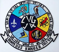 Carrier Air Group 14 (CVG-14) Western Pacific Cruise 1959
Established as Carrier Air Group Fourteen (CVG-14) in Jul 1950. Redesignated Carrier Air Wing Fourteen (CVW-14) on 20 Dec 1963-. 

Squadrons: Fighter Squadron ONE FORTY ONE (VF-141)(F4D), Fighter Squadron ONE FORTY TWO (VF-141) (F8U), Attack Squadron ONE FORTY FOUR (VA-144) (FJ-4), Attack Squadron ONE FORTY FIVE (VA-145) (AD-6), Attack Squadron ONE FORTY SIX (VA-146) (FJ-4), Heavy Attack Squadron SIX (VAH-6) (A3D), Light Photographic Squadron SIXTY ONE Detachment F (VFP-61 Det-F)(F8U-1P), Carrier Airborne Early Warning Squadron ELEVEN Detachment FN & FW (VAW-11 Det FN & FW)( AD-5W) & Helicopter Utility Squadron ONE Detachment F(HU-1 Det-F).

Western Pacific Cruise, 3 Jan-27 Jul 1959

