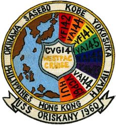 Carrier Air Group 14 (CVG-14) Western Pacific Cruise 1960
Established as Carrier Air Group Fourteen (CVG-14) in Jul 1950. Redesignated Carrier Air Wing Fourteen (CVW-14) on 20 Dec 1963-. 

Squadrons: Fighter Squadron ONE FORTY ONE (VF-141)(F3H-2), Fighter Squadron ONE FORTY TWO (VF-141) (F8U-2), Attack Squadron ONE FORTY FOUR (VA-144) (FJ-4B), Attack Squadron ONE FORTY FIVE (VA-145) (AD-6), Attack Squadron ONE FORTY SIX (VA-146) (FJ-4B), Heavy Attack Squadron FOUR (VAH-4) (A3D), Composite Photographic Squadron SIXTY ONE Detachment F (VCP-61 Det-F)(F8U-1P), Carrier Airborne Early Warning Squadron THIRTEEN Detachment F (VAW-13 Det F)(AD-5W) & Helicopter Utility Squadron ONE Detachment F (HU-1 Det-F).

Western Pacific Cruise, 14 May-15 Dec 1960


