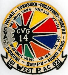 Carrier Air Group 14 (CVG-14) Western Pacific Cruise 1961-1962
Established as Carrier Air Group Fourteen (CVG-14) in Jul 1950. Redesignated Carrier Air Wing Fourteen (CVW-14) on 20 Dec 1963-. 

Squadrons: Fighter Squadron ONE FORTY ONE (VF-141)(F3H-2), Marine Fighter Squadron 323 (VMF-323) (F8U-2), Attack Squadron ONE FORTY FOUR (VA-144)( FJ-4B), Attack Squadron ONE FORTY FIVE (VA-145)( AD-6), Attack Squadron ONE FORTY SIX (VA-146)( FJ-4B), Heavy Attack Squadron FOUR Detachment F (VAH-4 Det-F) (A3D-2), Light Photographic Squadron SIXTY THREE Detachment F (VFP-63 Det-F)(F8U-1P), Carrier Airborne Early Warning Squadron ELEVEN Detachment F (VAW-11 Det F)(WF-2), Carrier Airborne Early Warning Squadron THIRTEEN Detachment F (VAW-11 Det F)( AD-5Q) & Helicopter Utility Squadron ONE Detachment F(HU-1 Det-F).	

Western Pacific, 9 Nov 1961-12 May 1962

