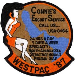 Carrier Air Wing 14 (CVW-14) Western Pacific & Indian Ocean Cruise 1987
Established as Carrier Air Group Fourteen (CVG-14) in Jul 1950. Redesignated Carrier Air Wing Fourteen (CVW-14) on 20 Dec 1963-. 
Squadrons: Fighter Squadron TWENTY ONE (VF-21)(F-14A), Fighter Squadron ONE FIFTY FOUR (VF-154) (F-14A), Strike Fighter Squadron TWENTY FIVE (VFA-25) (F/A-18A), Strike Fighter Squadron ONE ONE THREE (VFA-113) (F/A-18A), Attack Squadron ONE NINTY SIX (VA-196) (A-6E & KA-6D), Carrier Airborne Early Warning Squadron ONE ONE THREE (VAW-113)(E-2C), Tactical Electronic Warfare Squadron ONE THREE NINE (VAQ-139) (EA-6B), Sea Control Squadron THIRTY SEVEN (VS-37)(S-3A) & Helicopter Anti-Submarine Squadron EIGHT (VS-37) (S-3A).
Western Pacific/Indian Ocean Cruise, 11 Apr-13 Oct 1987


