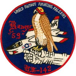 Fighter Squadron 142 (VF-142)
Established as Fighter Squadron SEVEN HUNDRED NINETY ONE (VF-791) on 1 Nov 1949. Called to Active duty on 20 Jul 1950. Redesignated Fighter Squadron ONE HUNDRED FORTY TWO (VF-142) "Fighting Falcons" on 4 Feb 1953. Fighter Squadron NINETY SIX (VF-96) on 1 Jun 1962. Disestablished on 1 Dec 1975.

Insignia approval date unknown. Falcon insignia was created in early 1953 when the squadron transitioned to F9F-6 Cougar. US made, schiffli embroidery.

Deployments.
3 Feb 1954-4 Aug 1954, CV-15 USS Randolph, CVG-14, Grumman F9F-6 Cougar
3 Jun 1955-3 Feb 1956, CV-21 USS Boxer, CVG-14, Grumman F9F-6 Cougar
21 Jan 1957-25 Jul 1957, CVA-12 USS Hornet, CVG-14, North American FJ-3M Fury
3 Jan 1959-27 Jul 1959, CVA-61 USS Ranger, CVG-14, Vought F8U-1 Crusader
14 May 1960-15 Dec 1960, CVA-34 USS Oriskany, CVG-14, Vought F8U-2 Crusader
11 Aug 1961-1 Nov 1961, CVA-63 USS Kitty Hawk, CVG-11, Vought F8U-2 Crusader

