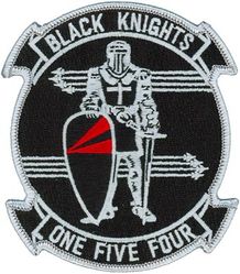 Fighter Squadron 154 (VF-154)
Established as Reserve Fighter Bomber Squadron SEVEN ZERO EIGHT (VFB-718) on 1 Jul 1946. Redesignated Fighter Squadron SIX EIGHT A (VF-68A) on 15 Nov 1946; Reserve Fighter Squadron EIGHT THREE SEVEN (VF-837) “The Grand Slammers” in Aug 1948, called to active duty on 1 Feb 1951; Fighter Squadron ONE FIVE FOUR (VF-154) “Black Knights” on 4 Feb 1953; Strike Fighter Squadron ONE FIVE FOUR (VF-154) on 1 Oct 2003-.

Grumman F9F-2/5 Panther,
North American F-J3 Fury,
Vought F-8A/D Crusader, 1957-1966
McDonnell Douglas F-4B Phantom II, 1966-1983
Grumman F-14A Tomcat, 1983-2003

Insignia designed in 1957 by Milton Caniff when transitioning to the F-8.

Deployments.
VF-837/VF-154
24 Jan 1953-21 Sep 1953 USS Princeton (CV-37) CVG-15, F9F-5, WestPac/Korea
VF-154
19 Sep 1960-27 May 1961 USS Coral Sea (CV-43) CVW-15, F8U-1E, WestPac
12 Dec 1961-17 Jul 1962 USS Coral Sea (CV-43) CVW-15, F8U-2N, WestPac
3 Apr 1963-25 Nov 1963 USS Coral Sea (CV-43) CVW-15, F-8D WestPac
7 Dec 1964-1 Nov 1965 USS Coral Sea (CV-43) CVW-15, F-8D WestPac/Vietnam
29 Jul 1966-23 Feb 1967 USS Coral Sea (CV-43) CVW-2, F-4B WestPac/Vietnam
4 Nov 1967-25 May 1968 USS Ranger (CV-61) CVW-2, F-4B, WestPac/Vietnam
26 Oct 1968-17 May 1969 USS Ranger (CV-61) CVW-2, F-4B, WestPac/Vietnam
14 Oct 1969-1 Jun 1970 USS Ranger (CV-61) CVW-2, F-4B, WestPac/Vietnam
27 Oct 1970-17 Jun 1971 USS Ranger (CV-61) CVW-2, F-4B, WestPac/Vietnam
16 Nov 1972-23 Jun 1973 USS Ranger (CV-61) CVW-2, F-4B, WestPac/Vietnam
7 May 1974-18 Oct 1974 USS Ranger (CV-61) CVW-2, F-4B, WestPac/Vietnam
30 Jan 1976-7 Sep 1976 USS Ranger (CV-61) CVW-2, F-4B, WestPac/Indian Ocean
21 Feb 1979-22 Sep 1979 USS Ranger (CV-61) CVW-2, F-4B, WestPac
20 Aug 1981-23 Mar 1982 USS Coral Sea (CV-43) CVW-14, F-4N, WestPac/ Indian Ocean
21 Mar 1983-12 Sep 1983 USS Coral Sea (CV-43) CVW-14, F-4N, World Cruise
21 Feb 1985-24 Aug 1985 USS Constellation (CV-64) CVW-14, F-14A, WestPac/ Indian Ocean
4 Sep 1986-20 Oct 1986 USS Constellation (CV-64) CVW-14, F-14A, NorPac
11 Apr 1987-13 Oct 1987 USS Constellation (CV-64) CVW-14, F-14A, WestPac/ Indian Ocean
1 Dec 1988-1 Jun 1989 USS Constellation (CV-64) CVW-14, F-14A, WestPac/ Indian Ocean
16 Sep 1989-19 Oct 1989 USS Constellation (CV-64) CVW-14, F-14A, NorPac
23 Jun 1990-20 Dec 1990 USS Independence (CV-62) CVW-14, F-14A, Western Pacific/Indian Ocean/Persian Gulf
15 Apr 1992-13 Oct 1992 USS Independence (CV-62) CVW-5, F-14A, Western Pacific/Indian Ocean/Arabian Gulf
15 Apr 1993-25 Mar 1993 USS Independence (CV-62) CVW-5, F-14A, Western Pacific
11 May 1993-1 Jul 1993 USS Independence (CV-62) CVW-5, F-14A, Western Pacific
17 Nov 1993-17 Mar 1994 USS Independence (CV-62) CVW-5, F-14A, Western Pacific/Indian Ocean/Persian Gulf/ Somalia
19 Jul 1994-29 Aug 1994 USS Independence (CV-62) CVW-5, F-14A, Western Pacific
19 Aug 1995-18 Nov 1995 USS Independence (CV-62) CVW-5, F-14A, Western Pacific/Indian Ocean/Arabian Gulf
9 Feb 1996-27 Mar 1996 USS Independence (CV-62) CVW-5, F-14A, Western Pacific
15 Feb 1997-10 Jun 1997 USS Independence (CV-62) CVW-5, F-14A, Western Pacific
23 Jan 1998-5 Jun 1998 USS Independence (CV-62) CVW-5, F-14A, Western Pacific
11 Oct 1999-25 Aug 1999 Kitty Hawk (CV-63) CVW-5, F-14A, Western Pacific/Indian Ocean/Arabian Gulf
11 Apr 2000-5 Jun 2000 Kitty Hawk (CV-63) CVW-5, F-14A, Western Pacific
26 Sep 2000-20 Nov 2000 Kitty Hawk (CV-63) CVW-5, F-14A, Western Pacific
2 Mar 2001-11 Jun 2001 Kitty Hawk (CV-63) CVW-5, F-14A, Western Pacific
15 Apr 2002-5 Jun 2002 Kitty Hawk (CV-63) CVW-5, F-14A, Western Pacific
25 Oct 2002-13 Dec 2002 Kitty Hawk (CV-63) CVW-5, F-14A, Western Pacific
23 Jan 2003-6 May 2003 Kitty Hawk (CV-63) CVW-5, F-14A, Arabian Sea/Persian Gulf

