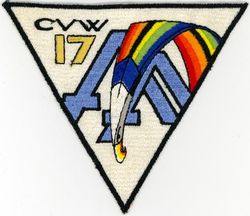 Carrier Air Wing 17 (CVW-17)
Established as Carrier Air Group EIGHTY TWO (CVG-82) on 1 Apr 1944. Redesignated Carrier Air Group SEVENTEEN (CVAG-17) on 15 Nov 1946; Carrier Air Group SEVENTEEN (CVG-17) in Sept 1948. Disestablished on 15 Sept 1958. Carrier Air Wing Seventeen (CVW-17) was reactivated on 1 Nov 1966-.
