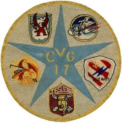 Carrier Air Group 17 (CVG-17) Mediterranean Cruise 1950-1951
Established as Carrier Air Group EIGHTY TWO (CVG-82) on 1 Apr 1944. Redesignated Carrier Air Group SEVENTEEN (CVAG-17) on 15 Nov 1946; Carrier Air Group SEVENTEEN (CVG-17) in Sept 1948. Disestablished on 15 Sept 1958. Carrier Air Wing Seventeen (CVW-17) was reactivated on 1 Nov 1966-.

Mediterranean Cruise, 9 Sep 1950-1 Feb 1951, USS Coral Sea (CV-43)

Squadrons: CVG-17 Fighter Squadron ONE SEVENTY ONE (VF-171), Fighter Squadron ONE SEVENTY TWO (VF-172), Fighter Squadron ONE SEVENTY THREE (VF-173), Attack Squadron ONE SEVENTY FOUR (VA-174), Attack Squadron ONE SEVENTY FIVE (VA-175).


