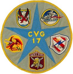 Carrier Air Group 17 (CVG-17) Mediterranean Cruise 1950-1951
Established as Carrier Air Group EIGHTY TWO (CVG-82) on 1 Apr 1944. Redesignated Carrier Air Group SEVENTEEN (CVAG-17) on 15 Nov 1946; Carrier Air Group SEVENTEEN (CVG-17) in Sept 1948. Disestablished on 15 Sept 1958. Carrier Air Wing Seventeen (CVW-17) was reactivated on 1 Nov 1966-.

Mediterranean Cruise, 9 Sep 1950-1 Feb 1951, USS Coral Sea (CV-43)

Squadrons: CVG-17 Fighter Squadron ONE SEVENTY ONE (VF-171), Fighter Squadron ONE SEVENTY TWO (VF-172), Fighter Squadron ONE SEVENTY THREE (VF-173), Attack Squadron ONE SEVENTY FOUR (VA-174), Attack Squadron ONE SEVENTY FIVE (VA-175).

