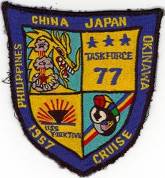 Carrier Air Group 19 (CVG-19) Far East Cruise 1957
Established as Carrier Air Group NINETEEN (CVG-19) on 15 Aug 1943. Redesignated Carrier Air Wing NINETEEN (CARAIRWING NINETEEN)(CVW-19) on 20 Dec 1963. Disestablished on 30 Jun 1977.

9 Mar 1957-25 Aug 1957, USS Yorktown (CV-10)

Squadrons: Fighter Squadron ONE NINETY ONE (VF-191)(FJ-3), Fighter Squadron ONE NINETY TWO (VF-192) (F9F-8/8B), Fighter Squadron ONE NINETY THREE (VF-193) (F2H-3), Attack Squadron ONE NINETY FIVE (VA-194) (AD-6), Heavy Attack Squadron SIX (RVAH-1)(AJ-2), Photographic Reconnaissance Squadron SIXTY ONE DET E (VFP-63)( F9F-8P), All Weather Attack Squadron THIRTY FIVE Det-E (VA(AW)-35)(AD-5N), Carrier Airborne Early Warning Squadron ELEVEN Det E (VAW-11)(AD-5W) & Helicopter Utility Squadron ONE Det E (HU-1)( HUP-2)

