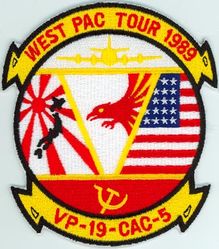 Patrol Squadron 19 WESTPAC CRUISE 1989 
VP-19 "Big Red"
1989
Established as VP-907 on 4 Jul 1946; VP-ML-57 on 15 Nov 1946; VP-871) in Feb 1950 VP-19 (3rd VP-19) on 4 Feb 1953-31 August 1991.
Lockheed P-3C Orion
