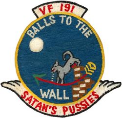 Fighter Squadron 191 (VF-191) Morale
VF-191 "Satan's Kittens"
Established as VF-19 on 15 Aug 1943; VF-19A on 15 Nov 1946; VF-191 on 24 Aug 1948-1 March 1978.
Grumman F8F-2 Bearcat
Grumman F9F-2/2B Panther
Grumman F9F-6 Cougar
North American FJ-3 Fury
Grumman F11F-1 Tiger

