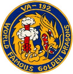 Attack Squadron 192 (VA-192)
Established as Fighter Squadron ONE HUNDRED FIFTY THREE (VF-153) on 26 Mar 1945. Redesignated Fighter Squadron FIFTEEN A (VF-15A) on 15 Nov 1946; Fighter Squadron ONE HUNDRED FIFTY ONE (VF-151) on 15 Jul 1948; Fighter Squadron ONE HUNDRED NINETY TWO (VF-192) on 15 Feb 1950; Attack Squadron ONE HUNDRED NINETY TWO (VA-192) on 15 Mar 1956; Strike Fighter Squadron ONE HUNDRED NINETY TWO (VFA-192) on 10 Jan 1986. 

VA-192 Deployments:
31 Mar 1947-8 Oct 1947, CVAG-15, USS Antietam (CV-36), F6F-5 WestPac 
11 Jan 1950-13 Jun 1950, CVG-19, USS Boxer (CV-21), Grumman F8F-2 Bearcat, WestPac 
9 Nov 1950-9 Jun 1951, CVG-19, USS Princeton (CV-37), Vought F4U-4 Corsair, WestPac/Korea 
21 Mar 1952-3 Nov 1952, CVG-19, USS Princeton (CV-37), Vought F4U-4 Corsair, WestPac/Korea 
14 Sep 1953-22 Apr 1954, CVG-19, USS Oriskany (CVA-34), Grumman F9F-5 Panther, WestPac 
2 Mar 1955-21 Sep 1955, CVG-19, USS Oriskany (CVA-34), Grumman F9F-5 Panther, WestPac
9 Mar 1957-25 Aug 1957, CVG-19, USS Yorktown (CVA-10) Grumman F9F-8/8B Cougar, WestPac 
1 Nov 1958-18 Jun 1959, CVG-19, USS Bon Homme Richard (CVA-31), North American FJ-4B Fury, WestPac 
21 Nov 1959-14 May 1960, CVG-19, USS Bon Homme Richard (CVA-31), Douglas A4D-2 Skyraider, WestPac 
26 Apr 1961-13 Dec 1961, CVG-19, USS Bon Homme Richard (CVA-31), Douglas A4D-2N Skyraider, WestPac 
12 Jul 1962-11 Feb 1963, CVG-19, USS Bon Homme Richard (CVA-31), Douglas A-4C Skyhawk, WestPac 
28 Jan 1964-21 Nov 1964, CVW-19, USS Bon Homme Richard (CVA-31), Douglas A-4C Skyhawk, WestPac/IO/Vietnam 
21 Apr 1965-13 Jan 1966, CVW-19, USS Bon Homme Richard (CVA-31), Douglas A-4C Skyhawk, WestPac/Vietnam 
15 Oct 1966-29 May 1967, CVW-19, USS Ticonderoga (CVA-14), Douglas A-4E Skyhawk, WestPac/Vietnam 
28 Dec 1967-17 Aug 1968, CVW-19, USS Ticonderoga (CVA-14), Douglas A-4F Skyhawk, WestPac/Vietnam 
14 Apr 1969-17 Nov 1969, CVW-19, USS Oriskany (CVA-34), Douglas A-4F Skyhawk, WestPac/Vietnam 
6 Nov 1970-17 Jul 1971, CVW-11, USS Kitty Hawk (CV-63), Vought A-7E Corsair II, WestPac/Vietnam 
17 Feb 1972-28 Nov 1972, CVW-11, USS Kitty Hawk (CV-63), Vought A-7E Corsair II, WestPac/Vietnam 
23 Nov 1973-9 Jul 1974, CVW-11, USS Kitty Hawk (CV-63), Vought A-7E Corsair II, WestPac/IO 
21 May 1975-15 Dec 1975, CVW-11, USS Kitty Hawk (CV-63), Vought A-7E Corsair II, WestPac 
25 Oct 1977-22 Sep 1978, CVW-11, USS Kitty Hawk (CV-63), Vought A-7E Corsair II, WestPac 
13 Mar 1979-22 Sep 1979, CVW-11, USS America (CV-66), Vought A-7E Corsair II, Med 
14 Apr 1981-12 Nov 1981, CVW-11, USS America (CV-66), Vought A-7E Corsair II, Med/IO 
15 Jul 1983-29 Feb 1984, CVW-9, USS Ranger (CVA-61), Vought A-7E Corsair II, Central America/ WestPac/IO

Insignia approved on 8 Aug 1950.


