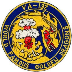 Attack Squadron 192 (VA-192)
Established as Fighter Squadron ONE HUNDRED FIFTY THREE (VF-153) on 26 Mar 1945. Redesignated Fighter Squadron FIFTEEN A (VF-15A) on 15 Nov 1946; Fighter Squadron ONE HUNDRED FIFTY ONE (VF-151) on 15 Jul 1948; Fighter Squadron ONE HUNDRED NINETY TWO (VF-192) on 15 Feb 1950; Attack Squadron ONE HUNDRED NINETY TWO (VA-192) on 15 Mar 1956; Strike Fighter Squadron ONE HUNDRED NINETY TWO (VFA-192) on 10 Jan 1986. 

VA-192 Deployments:
31 Mar 1947-8 Oct 1947, CVAG-15, USS Antietam (CV-36), F6F-5 WestPac 
11 Jan 1950-13 Jun 1950, CVG-19, USS Boxer (CV-21), Grumman F8F-2 Bearcat, WestPac 
9 Nov 1950-9 Jun 1951, CVG-19, USS Princeton (CV-37), Vought F4U-4 Corsair, WestPac/Korea 
21 Mar 1952-3 Nov 1952, CVG-19, USS Princeton (CV-37), Vought F4U-4 Corsair, WestPac/Korea 
14 Sep 1953-22 Apr 1954, CVG-19, USS Oriskany (CVA-34), Grumman F9F-5 Panther, WestPac 
2 Mar 1955-21 Sep 1955, CVG-19, USS Oriskany (CVA-34), Grumman F9F-5 Panther, WestPac
9 Mar 1957-25 Aug 1957, CVG-19, USS Yorktown (CVA-10) Grumman F9F-8/8B Cougar, WestPac 
1 Nov 1958-18 Jun 1959, CVG-19, USS Bon Homme Richard (CVA-31), North American FJ-4B Fury, WestPac 
21 Nov 1959-14 May 1960, CVG-19, USS Bon Homme Richard (CVA-31), Douglas A4D-2 Skyraider, WestPac 
26 Apr 1961-13 Dec 1961, CVG-19, USS Bon Homme Richard (CVA-31), Douglas A4D-2N Skyraider, WestPac 
12 Jul 1962-11 Feb 1963, CVG-19, USS Bon Homme Richard (CVA-31), Douglas A-4C Skyhawk, WestPac 
28 Jan 1964-21 Nov 1964, CVW-19, USS Bon Homme Richard (CVA-31), Douglas A-4C Skyhawk, WestPac/IO/Vietnam 
21 Apr 1965-13 Jan 1966, CVW-19, USS Bon Homme Richard (CVA-31), Douglas A-4C Skyhawk, WestPac/Vietnam 
15 Oct 1966-29 May 1967, CVW-19, USS Ticonderoga (CVA-14), Douglas A-4E Skyhawk, WestPac/Vietnam 
28 Dec 1967-17 Aug 1968, CVW-19, USS Ticonderoga (CVA-14), Douglas A-4F Skyhawk, WestPac/Vietnam 
14 Apr 1969-17 Nov 1969, CVW-19, USS Oriskany (CVA-34), Douglas A-4F Skyhawk, WestPac/Vietnam 
6 Nov 1970-17 Jul 1971, CVW-11, USS Kitty Hawk (CV-63), Vought A-7E Corsair II, WestPac/Vietnam 
17 Feb 1972-28 Nov 1972, CVW-11, USS Kitty Hawk (CV-63), Vought A-7E Corsair II, WestPac/Vietnam 
23 Nov 1973-9 Jul 1974, CVW-11, USS Kitty Hawk (CV-63), Vought A-7E Corsair II, WestPac/IO 
21 May 1975-15 Dec 1975, CVW-11, USS Kitty Hawk (CV-63), Vought A-7E Corsair II, WestPac 
25 Oct 1977-22 Sep 1978, CVW-11, USS Kitty Hawk (CV-63), Vought A-7E Corsair II, WestPac 
13 Mar 1979-22 Sep 1979, CVW-11, USS America (CV-66), Vought A-7E Corsair II, Med 
14 Apr 1981-12 Nov 1981, CVW-11, USS America (CV-66), Vought A-7E Corsair II, Med/IO 
15 Jul 1983-29 Feb 1984, CVW-9, USS Ranger (CVA-61), Vought A-7E Corsair II, Central America/ WestPac/IO

Insignia approved on 8 Aug 1950.


