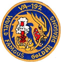 Attack Squadron 192 (VA-192)
Established as Fighter Squadron ONE HUNDRED FIFTY THREE (VF-153) on 26 Mar 1945. Redesignated Fighter Squadron FIFTEEN A (VF-15A) on 15 Nov 1946; Fighter Squadron ONE HUNDRED FIFTY ONE (VF-151) on 15 Jul 1948; Fighter Squadron ONE HUNDRED NINETY TWO (VF-192) on 15 Feb 1950; Attack Squadron ONE HUNDRED NINETY TWO (VA-192) on 15 Mar 1956; Strike Fighter Squadron ONE HUNDRED NINETY TWO (VFA-192) on 10 Jan 1986. 

VA-192 Deployments:
31 Mar 1947-8 Oct 1947, CVAG-15, USS Antietam (CV-36), F6F-5 WestPac 
11 Jan 1950-13 Jun 1950, CVG-19, USS Boxer (CV-21), Grumman F8F-2 Bearcat, WestPac 
9 Nov 1950-9 Jun 1951, CVG-19, USS Princeton (CV-37), Vought F4U-4 Corsair, WestPac/Korea 
21 Mar 1952-3 Nov 1952, CVG-19, USS Princeton (CV-37), Vought F4U-4 Corsair, WestPac/Korea 
14 Sep 1953-22 Apr 1954, CVG-19, USS Oriskany (CVA-34), Grumman F9F-5 Panther, WestPac 
2 Mar 1955-21 Sep 1955, CVG-19, USS Oriskany (CVA-34), Grumman F9F-5 Panther, WestPac
9 Mar 1957-25 Aug 1957, CVG-19, USS Yorktown (CVA-10) Grumman F9F-8/8B Cougar, WestPac 
1 Nov 1958-18 Jun 1959, CVG-19, USS Bon Homme Richard (CVA-31), North American FJ-4B Fury, WestPac 
21 Nov 1959-14 May 1960, CVG-19, USS Bon Homme Richard (CVA-31), Douglas A4D-2 Skyraider, WestPac 
26 Apr 1961-13 Dec 1961, CVG-19, USS Bon Homme Richard (CVA-31), Douglas A4D-2N Skyraider, WestPac 
12 Jul 1962-11 Feb 1963, CVG-19, USS Bon Homme Richard (CVA-31), Douglas A-4C Skyhawk, WestPac 
28 Jan 1964-21 Nov 1964, CVW-19, USS Bon Homme Richard (CVA-31), Douglas A-4C Skyhawk, WestPac/IO/Vietnam 
21 Apr 1965-13 Jan 1966, CVW-19, USS Bon Homme Richard (CVA-31), Douglas A-4C Skyhawk, WestPac/Vietnam 
15 Oct 1966-29 May 1967, CVW-19, USS Ticonderoga (CVA-14), Douglas A-4E Skyhawk, WestPac/Vietnam 
28 Dec 1967-17 Aug 1968, CVW-19, USS Ticonderoga (CVA-14), Douglas A-4F Skyhawk, WestPac/Vietnam 
14 Apr 1969-17 Nov 1969, CVW-19, USS Oriskany (CVA-34), Douglas A-4F Skyhawk, WestPac/Vietnam 
6 Nov 1970-17 Jul 1971, CVW-11, USS Kitty Hawk (CV-63), Vought A-7E Corsair II, WestPac/Vietnam 
17 Feb 1972-28 Nov 1972, CVW-11, USS Kitty Hawk (CV-63), Vought A-7E Corsair II, WestPac/Vietnam 
23 Nov 1973-9 Jul 1974, CVW-11, USS Kitty Hawk (CV-63), Vought A-7E Corsair II, WestPac/IO 
21 May 1975-15 Dec 1975, CVW-11, USS Kitty Hawk (CV-63), Vought A-7E Corsair II, WestPac 
25 Oct 1977-22 Sep 1978, CVW-11, USS Kitty Hawk (CV-63), Vought A-7E Corsair II, WestPac 
13 Mar 1979-22 Sep 1979, CVW-11, USS America (CV-66), Vought A-7E Corsair II, Med 
14 Apr 1981-12 Nov 1981, CVW-11, USS America (CV-66), Vought A-7E Corsair II, Med/IO 
15 Jul 1983-29 Feb 1984, CVW-9, USS Ranger (CVA-61), Vought A-7E Corsair II, Central America/ WestPac/IO

Insignia approved on 8 Aug 1950.

