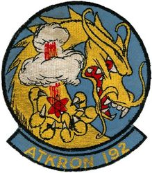 Attack Squadron 192 (VA-192)
VEstablished as Fighter Squadron ONE HUNDRED FIFTY THREE (VF-153) on 26 Mar 1945. Redesignated Fighter Squadron FIFTEEN A (VF-15A) on 15 Nov 1946; Fighter Squadron ONE HUNDRED FIFTY ONE (VF-151) on 15 Jul 1948; Fighter Squadron ONE HUNDRED NINETY TWO (VF-192) on 15 Feb 1950; Attack Squadron ONE HUNDRED NINETY TWO (VA-192) on 15 Mar 1956; Strike Fighter Squadron ONE HUNDRED NINETY TWO (VFA-192) on 10 Jan 1986. 

VA-192 Deployments:
31 Mar 1947-8 Oct 1947, CVAG-15, USS Antietam (CV-36), F6F-5 WestPac 
11 Jan 1950-13 Jun 1950, CVG-19, USS Boxer (CV-21), Grumman F8F-2 Bearcat, WestPac 
9 Nov 1950-9 Jun 1951, CVG-19, USS Princeton (CV-37), Vought F4U-4 Corsair, WestPac/Korea 
21 Mar 1952-3 Nov 1952, CVG-19, USS Princeton (CV-37), Vought F4U-4 Corsair, WestPac/Korea 
14 Sep 1953-22 Apr 1954, CVG-19, USS Oriskany (CVA-34), Grumman F9F-5 Panther, WestPac 
2 Mar 1955-21 Sep 1955, CVG-19, USS Oriskany (CVA-34), Grumman F9F-5 Panther, WestPac
9 Mar 1957-25 Aug 1957, CVG-19, USS Yorktown (CVA-10) Grumman F9F-8/8B Cougar, WestPac 
1 Nov 1958-18 Jun 1959, CVG-19, USS Bon Homme Richard (CVA-31), North American FJ-4B Fury, WestPac 
21 Nov 1959-14 May 1960, CVG-19, USS Bon Homme Richard (CVA-31), Douglas A4D-2 Skyraider, WestPac 
26 Apr 1961-13 Dec 1961, CVG-19, USS Bon Homme Richard (CVA-31), Douglas A4D-2N Skyraider, WestPac 
12 Jul 1962-11 Feb 1963, CVG-19, USS Bon Homme Richard (CVA-31), Douglas A-4C Skyhawk, WestPac 
28 Jan 1964-21 Nov 1964, CVW-19, USS Bon Homme Richard (CVA-31), Douglas A-4C Skyhawk, WestPac/IO/Vietnam 
21 Apr 1965-13 Jan 1966, CVW-19, USS Bon Homme Richard (CVA-31), Douglas A-4C Skyhawk, WestPac/Vietnam 
15 Oct 1966-29 May 1967, CVW-19, USS Ticonderoga (CVA-14), Douglas A-4E Skyhawk, WestPac/Vietnam 
28 Dec 1967-17 Aug 1968, CVW-19, USS Ticonderoga (CVA-14), Douglas A-4F Skyhawk, WestPac/Vietnam 
14 Apr 1969-17 Nov 1969, CVW-19, USS Oriskany (CVA-34), Douglas A-4F Skyhawk, WestPac/Vietnam 
6 Nov 1970-17 Jul 1971, CVW-11, USS Kitty Hawk (CV-63), Vought A-7E Corsair II, WestPac/Vietnam 
17 Feb 1972-28 Nov 1972, CVW-11, USS Kitty Hawk (CV-63), Vought A-7E Corsair II, WestPac/Vietnam 
23 Nov 1973-9 Jul 1974, CVW-11, USS Kitty Hawk (CV-63), Vought A-7E Corsair II, WestPac/IO 
21 May 1975-15 Dec 1975, CVW-11, USS Kitty Hawk (CV-63), Vought A-7E Corsair II, WestPac 
25 Oct 1977-22 Sep 1978, CVW-11, USS Kitty Hawk (CV-63), Vought A-7E Corsair II, WestPac 
13 Mar 1979-22 Sep 1979, CVW-11, USS America (CV-66), Vought A-7E Corsair II, Med 
14 Apr 1981-12 Nov 1981, CVW-11, USS America (CV-66), Vought A-7E Corsair II, Med/IO 
15 Jul 1983-29 Feb 1984, CVW-9, USS Ranger (CVA-61), Vought A-7E Corsair II, Central America/ WestPac/IO

Insignia approved on 8 Aug 1950.

