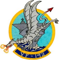 Fighter Squadron 192 (VF-192)
Established as Fighter Squadron ONE HUNDRED FIFTY THREE (VF-153) on 26 Mar 1945. Redesignated Fighter Squadron FIFTEEN A (VF-15A) on 15 Nov 1946; Fighter Squadron ONE HUNDRED FIFTY ONE (VF-151) on 15 Jul 1948; Fighter Squadron ONE HUNDRED NINETY TWO (VF-192) "Flying Dragons" on 15 Feb 1950; Attack Squadron ONE HUNDRED NINETY TWO (VA-192) on 15 Mar 1956; Strike Fighter Squadron ONE HUNDRED NINETY TWO (VFA-192) on 10 Jan 1986-.

Insignia approved on 8 Aug 1950. Japanese embroidery.

Deployments:
11 Jan-13 Jun 1950 USS Boxer (CV-21) CVG-19, Grumman F8F-2 Bearcat, WestPac Cruise
9 Nov 1950-9 Jun 1951 USS Princeton (CVA-37) CVG-19, Vought F4U-4 Corsair, WestPac/Korea Cruise
21 Mar-3 Nov 1952 USS Princeton (CVA-37) CVG-19, Vought F4U-4 Corsair, WestPac/Korea Cruise
14 Sep 1953-22 Apr 1954 USS Oriskany (CVA-34) CVG-19, Grumman F9F-5 Panther, WestPac Cruise
2 Mar-21 Sep 1955 USS Oriskany (CVA-34) CVG-19, Grumman F9F-5 Panther, WestPac Cruise


