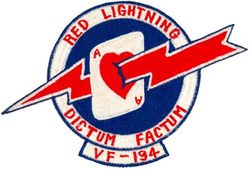 Fighter Squadron 194 (VF-194) (3rd)
FIGHTER SQUADRON ONE HUNDRED NINETY FOUR (VF-194) (3rd)
Established as Fighter Squadron NINETY ONE (VF-91) (2nd) on 26 Mar 1952. Redesignated Fighter Squadron ONE HUNDRED NINETY FOUR (VF-194) (3rd) “Red Lightning” on 1 Aug 1963. Disestablished on 1 Mar 1978. Reestablished on 1 Dec 1986. Disestablished on 29 Apr 1988.

Vought F8U-1/2/F-8E/J Crusader, 1963-1976
McDonnell Douglas F-4J Phantom II, 1976-1978

Deployments.
28 Jan 1964-21 Nov 1964 USS Bon Homme Richard (CVA-31) CVW-19, F-8C, WestPac/IO
21 Apr 1965-13 Jan 1966 USS Bon Homme Richard (CVA-31) CVW-19, F-8E, WestPac/Vietnam	
15 Oct 1966-29 May 1967 USS Bon Homme Richard (CVA-31) CVW-19, F-8E, WestPac/Vietnam	
28 Dec 1967-17 Aug 1968 USS Bon Homme Richard (CVA-31) CVW-19, F-8E, WestPac/Vietnam	
14 Apr 1969-17 Nov 1969 USS Oriskany (CVA-34) CVW-19, F-8J, WestPac/Vietnam
14 May 1970-10 Dec 1970 USS Oriskany (CVA-34) CVW-19, F-8J,	WestPac/Vietnam
14 May 1971-18 Dec 1971 USS Oriskany (CVA-34) CVW-19, F-8J, WestPac/Vietnam
5 Jun 1972-30 Mar 1973 USS Oriskany (CVA-34) CVW-19, F-8J, WestPac/Vietnam	
18 Oct 1973-5 June1974 USS Oriskany (CVA-34) CVW-19, F-8J, WestPac/Vietnam
16 Sep 1975-3 Mar 1976 USS Oriskany (CVA-34) CVW-19, F-8J, WestPac	
15 Feb 1977-5 Oct 1977	USS Coral Sea (CVA-43)	CVW-15, F-4J, WestPac		
24 Jul 1987-5 Aug 1987	USS Enterprise (CVN-65) CVW-10, F-14A, NorPac

