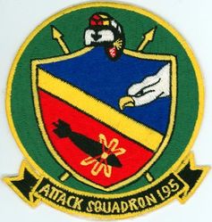 Attack Squadron 195 (VA-195)
Established as Torpedo Squadron NINETEEN (VT19) on 15 Aug 1943.
Redesignated Attack Squadron TWENTY A (VA-20A)
on 15 Nov 1946; Attack Squadron ONE HUNDRED
NINETY FIVE (VA-195) on 24 Aug 1948; Strike Fighter Squadron ONE HUNDRED NINETY FIVE (VFA-195) on 1 Apr 1985. 

Douglas A4D-2N (A-4C/D-5/E/TA-4F Skyhawk
Vought A-7E Corsair II

