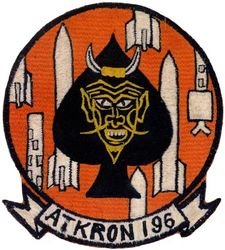 Attack Squadron 196 (VA-196)
Established as Fighter Squadron ONE HUNDRED FIFTY THREE (VF-153) on 15 Jul 1948. Redesignated Fighter Squadron ONE HUNDRED NINETY FOUR (VF-194) "Yellow Devils" on 15 Feb 1950; Attack Squadron ONE HUNDRED NINETY SIX (VA-196) “Main Battery” on 4 May 1955. Disestablished in Feb 1997.

Douglas AD-6/7 Skyraider, 1953-1966
Grumman A-6A/B/E Intruder, 1966-1997
Grumman KA-6D Intruder, 1971-1997

Insignia approved on 14 Sep 1967. (Squadron continued to use the devil and ace of spades insignia until 1967). This insignia was worn for 2 Vietnam cruises, 1964-1966.
Deployments.
28 Jan 1964-21 Nov 1964 USS Bon Homme Richard (CVA-31) CVW-19, A-1H/J, WestPac/IO/Vietnam
21 Apr 1965-13 Jan 1966 USS Bon Homme Richard (CVA-31) CVW-19, A-1H/J, WestPac/Vietnam

