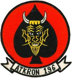 Attack Squadron 196 (VA-196)
Established as Fighter Squadron ONE HUNDRED FIFTY THREE (VF-153) on 15 Jul 1948. Redesignated Fighter Squadron ONE HUNDRED NINETY FOUR (VF-194) "Yellow Devils" on 15 Feb 1950; Attack Squadron ONE HUNDRED NINETY SIX (VA-196) “Main Battery” on 4 May 1955. Disestablished on 28 Feb 1997.

Douglas AD-6/7 Skyraider, 1953-1966
Grumman A-6A/B/E Intruder, 1966-1997
Grumman KA-6D Intruder, 1971-1997

Insignia approved on 14 Sep 1967. (Squadron continued to use the devil and ace of spades insignia until 1967)

Deployments.
28 May 1956-20 Dec 1956 USS Lexington (CVA-16 ) ATG-1, AD-6, WestPac
4 Oct 1958-17 Feb 1959 USS Ticonderoga (CVA-14) ATG-1, AD-6 WestPac
21 Nov 1959-14 May 1960 USS Bon Homme Richard (CVA-31) CVG-19, AD-6, WestPac
26 Apr 1961-13 Dec 1961 USS Bon Homme Richard (CVA-31) CVG-19, AD-6 WestPac
12 Jul 1962-11 Feb 1963 USS Bon Homme Richard (CVA-31) CVG-19, A-1H/J WestPac
28 Jan 1964-21 Nov 1964 USS Bon Homme Richard (CVA-31) CVW-19, A-1H/J, WestPac/IO/Vietnam
21 Apr 1965-13 Jan 1966 USS Bon Homme Richard (CVA-31) CVW-19, A-1H/J, WestPac/Vietnam
29 Apr 1967-4 Dec 1967 USS Constellation (CVA-64) CVW-14, A-6A, WestPac/Vietnam
29 May 1968-31 Jan 1969 USS Constellation (CVA-64) CVW-14, A-6A/B, WestPac/Vietnam
14 Oct 1969-1 Jun 1970 USS Ranger (CVA-61) CVW-2, A-6A, WestPac/Vietnam
11 Jun 1971-12 Feb 1972 USS Enterprise (CVAN-65) CVW-14, A-6A/B & KA-6D, WestPac/Vietnam/IO
12 Sep 1972-12 Jun 1973 USS Enterprise (CVAN-65) CVW-14, A-6A/B & KA-6D, WestPac/Vietnam
17 Sep 1974-20 May 1975 USS Enterprise (CVAN-65) CVW-14, A-6A & KA-6D, WestPac/IO
30 Jul 1976-28 Mar 1977 USS Enterprise (CVAN-65) CVW-14, A-6E & KA-6D, WestPac/IO
4 Apr 1978-30 Oct 1978 USS Enterprise (CVAN-65) CVW-14, A-6E & KA-6D, WestPac/IO
13 Nov 1979-11 Jun 1980 USS Coral Sea (CV-43) CVW-14, A-6E & KA-6D, WestPac/IO
20 Aug 1981-23 Mar 1982 USS Coral Sea (CV-43) CVW-14, A-6E & KA-6D, WestPac/IO
21 Mar 1983-12 Sep 1983 USS Coral Sea (CV-43) CVW-14, A-6E & KA-6D, World Cruise
21 Feb 1985-24 Aug 1985 USS Constellation (CVA-64) CVW-14, A-6E & KA-6D, WestPac/IO
04 Sep 1986-20 Oct 1986 USS Constellation (CVA-64) CVW-14, A-6E & KA-6D, NorPac
11 Apr 1987-13 Oct 1987 USS Constellation (CVA-64) CVW-14, A-6E & KA-6D, WestPac/IO
1 Dec 1988-01 Jun 1989 USS Constellation (CVA-64) CVW-14, A-6E & KA-6D, WestPac/IO
16 Sep 1989-19 Oct 1989 USS Constellation (CVA-64) CVW-14, A-6E & KA-6D, NorPac
23 Jun 1990-20 Dec 1990 USS Independence (CV-62) CVW-14, A-6E, WestPac/IO/Persian Gulf
17 Feb 1994-17 Aug 1994 USS Carl Vinson (CVN-70) CVW-14, A-6E, WestPac/IO/Persian Gulf
14 May 1996-14 Nov 1996 USS Carl Vinson (CVN-70) CVW-14,  A-6E, WestPac/IO/Persian Gulf

