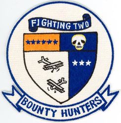 Fighter Squadron 2 (VF-2)
Established as Fighter Squadron TWO (VF-2) "Bounty Hunters" on 14 Oct 1972. Redesignated Strike Fighter Squadron TWO (VFA-2) on 1 Jul 2003-.

Grumman F-14A/D Tomcat, 1972-2003

17 Sep 1974-20 May 1975, USS Enterprise (CVAN-65), CVW-14, F-14A	
30 Jul 1976-28. March 1977, USS Enterprise (CVAN-65), CVW-14, F-14A	
4 Apr 1978-30 Oct 1978, USS Enterprise (CVAN-65), CVW-14	F-14A	
10 Sep 1980-5 May 1981, USS Ranger (CV-61), CVW-2, F-14A	
7 Apr 1982-18 Oct 1982, USS Ranger (CV-61), CVW-2, F-14A	
13 Jan 1984-1 Aug 1984, USS Kitty Hawk (CV-63), CVW-2, 	F-14A	
18 Aug 1986-20 Oct 1986, USS Ranger (CV-61), CVW-2, F-14A	
2 Mar 1987-29 Apr 1987, USS Ranger (CV-61), CVW-2, F-14A	
14 Jul 1987-30 Dec 1987, USS Ranger (CV-61), CVW-2, F-14A	
24 Feb 1989-24 Aug 1989, USS Ranger (CV-61), CVW-2, F-14A	
8 Dec 1990-8 Jun 1991, USS Ranger (CV-61), CVW-2, F-14A	
1 Aug 1992-31 Jan 1993, USS Ranger (CV-61), CVW-2, F-14A	
6 May 1994-30 Jun 1994, USS Constallation (CV-64), CVW-2, F-14D	
10 Nov 1994-10 May 1995, USS Constallation (CV-64), CVW-2, F-14D	
1 Apr 1997-1 Oct 1997, 	USS Constallation (CV-64), CVW-2, F-14D	
18 Jun 1999-18 Dec 1999, USS Constallation (CV-64), CVW-2, F-14D	
16 Mar 2001-15 Sep 2001, USS Constallation (CV-64), CVW-2, F-14D	
2 Nov 2002-2 Jun 2003, 	USS Constallation (CV-64), CVW-2, F-14D

