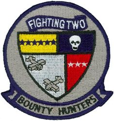 Fighter Squadron 2 (VF-2)
Established as Fighter Squadron TWO (VF-2) "Bounty Hunters" on 14 Oct 1972. Redesignated Strike Fighter Squadron TWO (VFA-2) on 1 Jul 2003-.

Grumman F-14A/D Tomcat, 1972-2003

17 Sep 1974-20 May 1975, USS Enterprise (CVAN-65), CVW-14, F-14A	
30 Jul 1976-28. March 1977, USS Enterprise (CVAN-65), CVW-14, F-14A	
4 Apr 1978-30 Oct 1978, USS Enterprise (CVAN-65), CVW-14	F-14A	
10 Sep 1980-5 May 1981, USS Ranger (CV-61), CVW-2, F-14A	
7 Apr 1982-18 Oct 1982, USS Ranger (CV-61), CVW-2, F-14A	
13 Jan 1984-1 Aug 1984, USS Kitty Hawk (CV-63), CVW-2, 	F-14A	
18 Aug 1986-20 Oct 1986, USS Ranger (CV-61), CVW-2, F-14A	
2 Mar 1987-29 Apr 1987, USS Ranger (CV-61), CVW-2, F-14A	
14 Jul 1987-30 Dec 1987, USS Ranger (CV-61), CVW-2, F-14A	
24 Feb 1989-24 Aug 1989, USS Ranger (CV-61), CVW-2, F-14A	
8 Dec 1990-8 Jun 1991, USS Ranger (CV-61), CVW-2, F-14A	
1 Aug 1992-31 Jan 1993, USS Ranger (CV-61), CVW-2, F-14A	
6 May 1994-30 Jun 1994, USS Constallation (CV-64), CVW-2, F-14D	
10 Nov 1994-10 May 1995, USS Constallation (CV-64), CVW-2, F-14D	
1 Apr 1997-1 Oct 1997, 	USS Constallation (CV-64), CVW-2, F-14D	
18 Jun 1999-18 Dec 1999, USS Constallation (CV-64), CVW-2, F-14D	
16 Mar 2001-15 Sep 2001, USS Constallation (CV-64), CVW-2, F-14D	
2 Nov 2002-2 Jun 2003, 	USS Constallation (CV-64), CVW-2, F-14D


