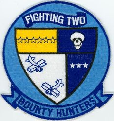Fighter Squadron 2 (VF-2)
Established as Fighter Squadron TWO (VF-2) "Bounty Hunters" on 14 Oct 1972. Redesignated Strike Fighter Squadron TWO (VFA-2) on 1 Jul 2003-.

Grumman F-14A/D Tomcat, 1972-2003

17 Sep 1974-20 May 1975, USS Enterprise (CVAN-65), CVW-14, F-14A	
30 Jul 1976-28. March 1977, USS Enterprise (CVAN-65), CVW-14, F-14A	
4 Apr 1978-30 Oct 1978, USS Enterprise (CVAN-65), CVW-14	F-14A	
10 Sep 1980-5 May 1981, USS Ranger (CV-61), CVW-2, F-14A	
7 Apr 1982-18 Oct 1982, USS Ranger (CV-61), CVW-2, F-14A	
13 Jan 1984-1 Aug 1984, USS Kitty Hawk (CV-63), CVW-2, 	F-14A	
18 Aug 1986-20 Oct 1986, USS Ranger (CV-61), CVW-2, F-14A	
2 Mar 1987-29 Apr 1987, USS Ranger (CV-61), CVW-2, F-14A	
14 Jul 1987-30 Dec 1987, USS Ranger (CV-61), CVW-2, F-14A	
24 Feb 1989-24 Aug 1989, USS Ranger (CV-61), CVW-2, F-14A	
8 Dec 1990-8 Jun 1991, USS Ranger (CV-61), CVW-2, F-14A	
1 Aug 1992-31 Jan 1993, USS Ranger (CV-61), CVW-2, F-14A	
6 May 1994-30 Jun 1994, USS Constallation (CV-64), CVW-2, F-14D	
10 Nov 1994-10 May 1995, USS Constallation (CV-64), CVW-2, F-14D	
1 Apr 1997-1 Oct 1997, 	USS Constallation (CV-64), CVW-2, F-14D	
18 Jun 1999-18 Dec 1999, USS Constallation (CV-64), CVW-2, F-14D	
16 Mar 2001-15 Sep 2001, USS Constallation (CV-64), CVW-2, F-14D	
2 Nov 2002-2 Jun 2003, 	USS Constallation (CV-64), CVW-2, F-14D

