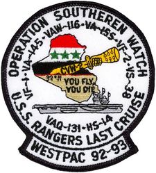 Carrier Air Wing 2 (CVW-2) Western Pacific & Arabian Gulf Cruise 1992-1993
Established as Carrier Air Group TWO (CVG-2) on 1 Jun 1943. Disestablished on 9 Nov 1945.Reestablished as Attack Carrier Air Group TWO (CVAG-2) on 15 Nov 1946; Carrier Air Group TWO (CVG-2) on 1 Sep 1948; Carrier Air Wing TWO (CVW-2) on 20 Dec 1963-.

Squadrons: Squadrons: Fighter Squadron ONE (VF-1)(F-14A), Fighter Squadron TWO (VF-2)(F-14A), Marine (All Weather) Attack Squadron 121 (VMA (AW)-121)(A-6E), Attack Squadron ONE FOUR FIVE (VFA-145)(A-6E), Carrier Airborne Early Warning Squadron ONE ONE SIX (VAW-116)(E-2C), Tactical Electronic Warfare Squadron ONE THREE ONE (VAQ-131)(EA-6B), Sea Control Squadron THREE EIGHT (VS-38)(S-3A) & Helicopter Anti-Submarine Squadron FOURTEEN (HS-14)(SH-3H).

Western Pacific & Arabian Gulf Cruise, 1 Aug 1992-31 Jan 1993

