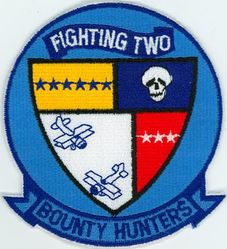 Fighter Squadron 2 (VF-2)
Established as Fighter Squadron TWO (VF-2) "Bounty Hunters" on 14 Oct 1972. Redesignated Strike Fighter Squadron TWO (VFA-2) on 1 Jul 2003-.

Grumman F-14A/D Tomcat, 1972-2003

17 Sep 1974-20 May 1975, USS Enterprise (CVAN-65), CVW-14, F-14A	
30 Jul 1976-28. March 1977, USS Enterprise (CVAN-65), CVW-14, F-14A	
4 Apr 1978-30 Oct 1978, USS Enterprise (CVAN-65), CVW-14	F-14A	
10 Sep 1980-5 May 1981, USS Ranger (CV-61), CVW-2, F-14A	
7 Apr 1982-18 Oct 1982, USS Ranger (CV-61), CVW-2, F-14A	
13 Jan 1984-1 Aug 1984, USS Kitty Hawk (CV-63), CVW-2, 	F-14A	
18 Aug 1986-20 Oct 1986, USS Ranger (CV-61), CVW-2, F-14A	
2 Mar 1987-29 Apr 1987, USS Ranger (CV-61), CVW-2, F-14A	
14 Jul 1987-30 Dec 1987, USS Ranger (CV-61), CVW-2, F-14A	
24 Feb 1989-24 Aug 1989, USS Ranger (CV-61), CVW-2, F-14A	
8 Dec 1990-8 Jun 1991, USS Ranger (CV-61), CVW-2, F-14A	
1 Aug 1992-31 Jan 1993, USS Ranger (CV-61), CVW-2, F-14A	
6 May 1994-30 Jun 1994, USS Constallation (CV-64), CVW-2, F-14D	
10 Nov 1994-10 May 1995, USS Constallation (CV-64), CVW-2, F-14D	
1 Apr 1997-1 Oct 1997, 	USS Constallation (CV-64), CVW-2, F-14D	
18 Jun 1999-18 Dec 1999, USS Constallation (CV-64), CVW-2, F-14D	
16 Mar 2001-15 Sep 2001, USS Constallation (CV-64), CVW-2, F-14D	
2 Nov 2002-2 Jun 2003, 	USS Constallation (CV-64), CVW-2, F-14D

