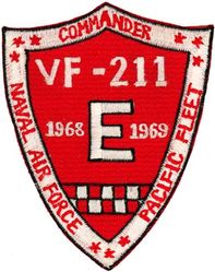 Fighter Squadron 211 (VF-211) Battle Effectivness Award 1968-1969
VF-211 "Checkmates"
1968-1969
Established as VB-74 on 1 May 1945; VA-1B on 15 Nov 1946; VA-24 on 1 Sep 1948; VF-24 (2nd) on 1 Dec 1949; VF-211 on 9 March 1959. VF-24 redesignated VF-211 and VF-211 redesignated VF-24 on the same day. VFA-211 in 2005.
Vought F-8E Crusader
