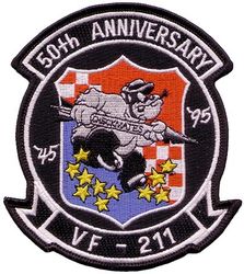 Fighter Squadron 211 (VF-211) 50th Anniversary
VF-211 "Checkmates"
1995
Established as VB-74 on 1 May 1945; VA-1B on 15 Nov 1946; VA-24 on 1 Sep 1948; VF-24 (2nd) on 1 Dec 1949; VF-211 on 9 March 1959. VF-24 redesignated VF-211 and VF-211 redesignated VF-24 on the same day. VFA-211 in 2005.
Grumman F-14A Tomcat
