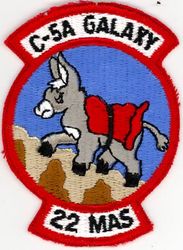 22d Military Airlift Squadron
Constituted as 22 Transport Squadron activated on 3 Apr 1942, prior to constitution on 4 Apr 1942. Redesignated as 22 Troop Carrier Squadron on 5 Jul 1942. Inactivated on 31 Jan 1946. Activated on 15 Oct 1946. Redesignated as: 22 Troop Carrier Squadron, Heavy, on 21 May 1948; 22 Military Airlift Squadron on 8 Jan 1966. Inactivated on 8 Jun 1969. Activated on 8 Feb 1972. Redesignated as 22 Airlift Squadron on 1 Nov 1991-. 

