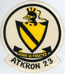 Attack Squadron 23 (VA-23)
Established as Reserve Fighter Squadron SIX HUN DRED FIFTY THREE (VF-653) in Dec 1949. Called to active duty on 1 Feb 1951. Redesignated Fighter Squadron ONE HUNDRED FIFTY ONE (VF-151) on 4 Feb 1953. Redesignated Attack Squadron ONE HUNDRED FIFTY ONE (VA-151) on 7 Feb 1956. Redesignated Attack Squadron TWENTY THREE (VA-23) (1st) on 23 Feb 1959. Disestablished on 1 Apr 1970. The first and only squadron to be designated VA-23.
 
When the squadron was redesignated VF-151, it adopted a new insignia sometime between 1953 and 1955. There is no record relating to the use of this insignia following the squadron’s redesignation to VA-151. However, on 29 April 1959, CNO approved VA-23’s request to retain the insignia formerly used by VA-151. The insignia used by VA-23 was the Black Knight insignia.

