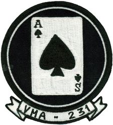 Marine Attack Squadron 231 (VMA-231)
Established as 1st Division, Squadron 1 on 8 Feb 1919. Redesignated Marine Observation Squadron ONE (VO-1M) on 1 Jul 1922; Marine Observation Squadron EIGHT M (VO-8M) on 1 Jul 1927. Deactivated on 1 Jul 1933. Reactivated on 15 Nov 1934. Redesignated Marine Scouting Squadron TWO (VMS-2) on 1 July 1937; Marine Scout-Bombing Squadron 231 (VMSB-231) on 1 Jul 1941; Marine Bombing Fighting 231 (VMBF-231) in Oct 1944; Marine Scout-Bombing Squadron 231 (VMSB-231) on 30 Dec 1944. Decommissioned in 20 Mar 1946. Reactivated as Marine Fighting Squadron 231 (VMF-231) in Sep 1948. Deactivated on 31 Aug 1962. Reactivated as Marine Attack Squadron 231 (VMA-231) on 15 May 1973-.

McDonnell Douglas AV-8A/B Harrier, 1973-.

