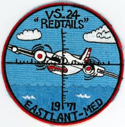 Air Anti-Submarine Squadron 24 (VS-24) East Atlantic & Mediterranean Cruise 1971
Established as Bomber Squadron SEVENTEEN (VB-17) on 1 Jan 1943. Redesignated Attack Squadron FIVE B (VA-5B) on 15 Nov 1946; Attack Squadron SIXTY FOUR (VA-64) on 1 Sep 1948; Composite Squadron TWENTY FOUR on 8 Apr 1949; Air Anti-Submarine Squadron TWENTY FOUR (VS-24) on 20 Apr 1950. Disestablished on 1 Jun 1956. Reestablished on 25 May 1960. Disestablished on 31 Mar 2007.

Grumman SF-2 Tracker, 1960-1975
