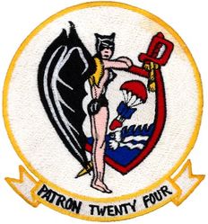 Patrol Squadron 24 (VP-24)
Established as Bombing Squadron ONE HUNDRED FOUR (VB-104) on 10 Apr 1943. Redesignated Patrol Bombing Squadron ONE HUNDRED FOUR (VPB-104) on 1 Oct 1944; Patrol Squadron ONE HUNDRED FOUR (VP-104) on 15 May 1946; Redesignated Heavy Patrol Squadron (Landplane) FOUR (VP-HL-4) on 15 Nov 1946; Patrol Squadron TWENTY FOUR (VP-24) (3rd) “Batmen” on 1 Sep 1948; Attack Mining Squadron THIRTEEN (VA-HM-13) on 1 Jul 1956; Redesignated Patrol Squadron TWENTY FOUR (VP-24) on 1 Jul 1959. Disestablished on 30 Apr 1995.

Lockheed PV-27S Neptune
Lockheed P-3B/C Orion

Insignia approved on 23 Jan 1951.
Japanese made.

 
