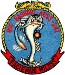 AGSS-241 USS Bashaw 
USS Bashaw (AGSS-241) 
Class & type: Gato-class diesel-electric submarine 
Builder: General Dynamics Electric Boat, Groton, Connecticut 
Laid down: 4 Dec 1942 
Launched: 25 Jul 1943 
Commissioned: 25 Oct 1943 
Decommissioned: 29 Jun 1949 
Recommissioned: 3 Apr 1951 
Decommissioned: 10 May 1952 
Recommissioned: 28 Mar 1953 
Decommissioned: 13 Sep 1969 
Struck: 13 Sep 1969 

