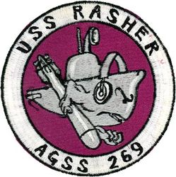 AGSS-269 USS Rasher 
USS Rasher (AGSS-269)
Class & type: Gato-class diesel-electric submarine
Builder: Manitowoc Shipbuilding Company, Manitowoc, Wisconsin 
Laid down: 4 May 1942 
Launched: 20 Dec 1942 
Commissioned: 8 Jun 1943 
Decommissioned: 22 Jun 1946 
Recommissioned: 14 Dec 1951 
Decommissioned: 28 May 1952 
Commissioned: 22 Jul 1953
Reclassified as AGSS-269 on 1 July 1960
Decommissioned: 27 May 1967 
Struck: 20 Dec 1971 
Fate: Sold for scrap, 7 Aug 1974 


