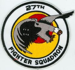 27th Fighter Squadron
Organized as 21 Aero Squadron on 15 Jun 1917. Redesignated as: 27 Aero Squadron on 23 Jun 1917; 27 Squadron (Pursuit) on 14 Mar 1921; 27 Pursuit Squadron on 25 Jan 1923; 27 Pursuit Squadron (Interceptor) on 6 Dec 1939; 27 Pursuit Squadron (Fighter) on 12 Mar 1941; 27 Fighter Squadron (Twin Engine) on 15 May 1942; 27 Fighter Squadron, Two Engine, on 28 Feb 1944. Inactivated on 16 Oct 1945. Redesignated as: 27 Fighter Squadron, Single Engine, on 5 Apr 1946; 27 Fighter Squadron, Jet Propelled, on 20 Jun 1946. Activated on 3 Jul 1946. Redesignated as: 27 Fighter Squadron, Jet, on 15 Jun 1948; 27 Fighter-Interceptor Squadron on 16 Apr 1950; 27 Tactical Fighter Squadron on 1 Jul 1971; 27 Fighter Squadron on 1 Nov 1991-.
Emblem. Approved on 17 Sep 1971.

