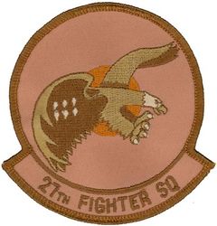27th Fighter Squadron 
Organized as 21 Aero Squadron on 15 Jun 1917. Redesignated as: 27 Aero Squadron on 23 Jun 1917; 27 Squadron (Pursuit) on 14 Mar 1921; 27 Pursuit Squadron on 25 Jan 1923; 27 Pursuit Squadron (Interceptor) on 6 Dec 1939; 27 Pursuit Squadron (Fighter) on 12 Mar 1941; 27 Fighter Squadron (Twin Engine) on 15 May 1942; 27 Fighter Squadron, Two Engine, on 28 Feb 1944. Inactivated on 16 Oct 1945. Redesignated as: 27 Fighter Squadron, Single Engine, on 5 Apr 1946; 27 Fighter Squadron, Jet Propelled, on 20 Jun 1946. Activated on 3 Jul 1946. Redesignated as: 27 Fighter Squadron, Jet, on 15 Jun 1948; 27 Fighter-Interceptor Squadron on 16 Apr 1950; 27 Tactical Fighter Squadron on 1 Jul 1971; 27 Fighter Squadron on 1 Nov 1991-.
Emblem. Approved on 17 Sep 1971.

Keywords: desert