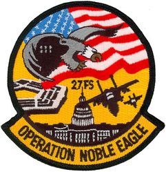 27th Fighter Squadron Operation NOBLE EAGLE
Organized as 21 Aero Squadron on 15 Jun 1917. Redesignated as: 27 Aero Squadron on 23 Jun 1917; 27 Squadron (Pursuit) on 14 Mar 1921; 27 Pursuit Squadron on 25 Jan 1923; 27 Pursuit Squadron (Interceptor) on 6 Dec 1939; 27 Pursuit Squadron (Fighter) on 12 Mar 1941; 27 Fighter Squadron (Twin Engine) on 15 May 1942; 27 Fighter Squadron, Two Engine, on 28 Feb 1944. Inactivated on 16 Oct 1945. Redesignated as: 27 Fighter Squadron, Single Engine, on 5 Apr 1946; 27 Fighter Squadron, Jet Propelled, on 20 Jun 1946. Activated on 3 Jul 1946. Redesignated as: 27 Fighter Squadron, Jet, on 15 Jun 1948; 27 Fighter-Interceptor Squadron on 16 Apr 1950; 27 Tactical Fighter Squadron on 1 Jul 1971; 27 Fighter Squadron on 1 Nov 1991-.
