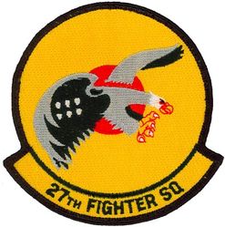 27th Fighter Squadron
Organized as 21 Aero Squadron on 15 Jun 1917. Redesignated as: 27 Aero Squadron on 23 Jun 1917; 27 Squadron (Pursuit) on 14 Mar 1921; 27 Pursuit Squadron on 25 Jan 1923; 27 Pursuit Squadron (Interceptor) on 6 Dec 1939; 27 Pursuit Squadron (Fighter) on 12 Mar 1941; 27 Fighter Squadron (Twin Engine) on 15 May 1942; 27 Fighter Squadron, Two Engine, on 28 Feb 1944. Inactivated on 16 Oct 1945. Redesignated as: 27 Fighter Squadron, Single Engine, on 5 Apr 1946; 27 Fighter Squadron, Jet Propelled, on 20 Jun 1946. Activated on 3 Jul 1946. Redesignated as: 27 Fighter Squadron, Jet, on 15 Jun 1948; 27 Fighter-Interceptor Squadron on 16 Apr 1950; 27 Tactical Fighter Squadron on 1 Jul 1971; 27 Fighter Squadron on 1 Nov 1991-.
Emblem. Approved on 17 Sep 1971.

